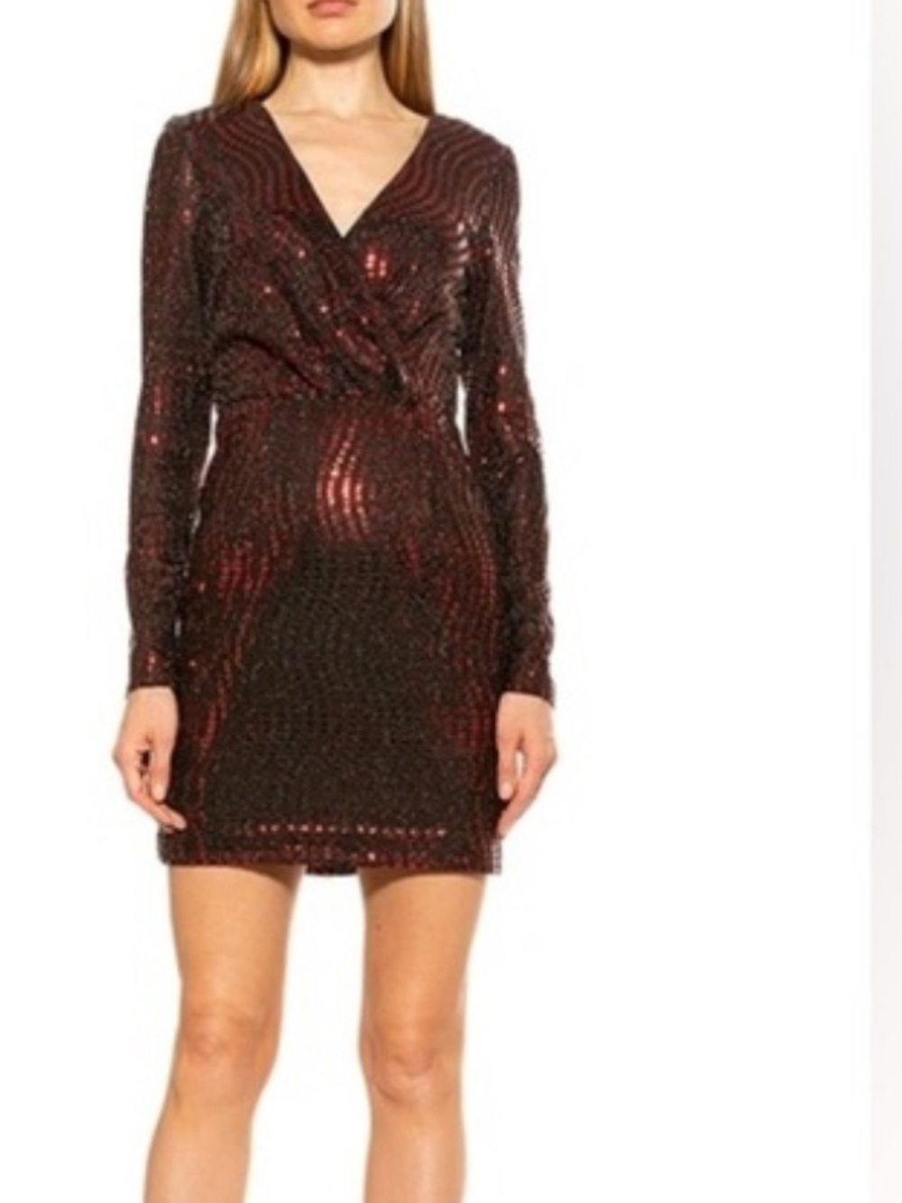 Alexia Admor Burgundy Sequin Long-Sleeve V-Neck Dress - Picture 1 of 8
